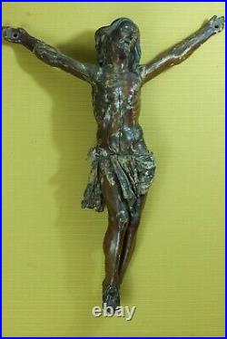 Christ en Croix ancien Amérique du Sud bois sculpté polychrome Cuir 67 cm 17 ème