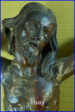 Christ en Croix ancien Amérique du Sud bois sculpté polychrome Cuir 67 cm 17 ème