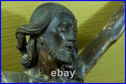 Christ en Croix ancien Amérique du Sud bois sculpté polychrome Cuir 67 cm 17 ème