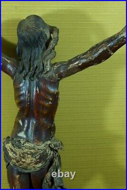 Christ en Croix ancien Amérique du Sud bois sculpté polychrome Cuir 67 cm 17 ème