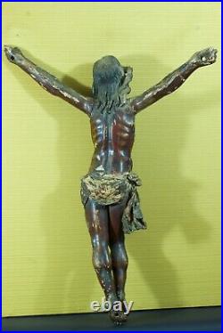 Christ en Croix ancien Amérique du Sud bois sculpté polychrome Cuir 67 cm 17 ème