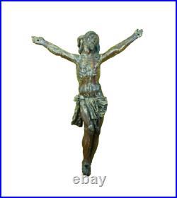 Christ en Croix ancien Amérique du Sud bois sculpté polychrome Cuir 67 cm 17 ème