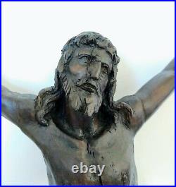 Christ très ancien en bois sculpté ciré 50cm (diagonale main pied)