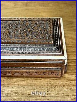 Coffret ancien, bois sculpté, marqueterie, décor éléphant, Indochine début XXème