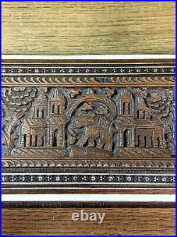 Coffret ancien, bois sculpté, marqueterie, décor éléphant, Indochine début XXème