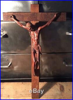 Crucifix Ancien Bois Sculpté L 42 Cm