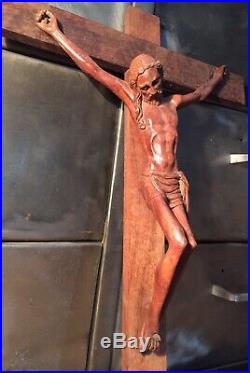 Crucifix Ancien Bois Sculpté L 42 Cm