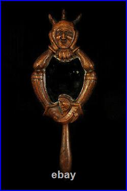 Curieux miroir à main ancien, art populaire bois sculpté c. 1880 / Curiosités