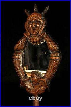 Curieux miroir à main ancien, art populaire bois sculpté c. 1880 / Curiosités