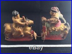 Deux Anciens Statues Chinois Chevaliers Bois Laqué Rouge Doré Sculpté