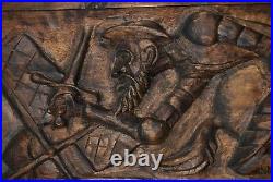 E1 Ancien bois sculpté Bataille croisade chevalier chasse