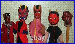 Ens. 5 marionnette ancienne Guignol/Punch bois sculpte 5 DIABLE /Devil/Krampus