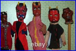Ens. 5 marionnette ancienne Guignol/Punch bois sculpte 5 DIABLE /Devil/Krampus