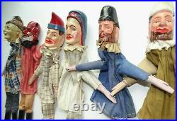 Ens 6 splendides marionnettes Victoriennes Punch/Guignol en bois sculptes