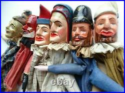 Ens 6 splendides marionnettes Victoriennes Punch/Guignol en bois sculptes