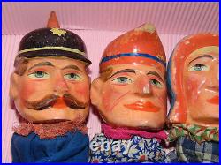 Ens de 5 anciennes marionnettes TETES/main/pied BOIS sculptes Punch & Judy