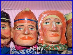 Ens de 5 anciennes marionnettes TETES/main/pied BOIS sculptes Punch & Judy