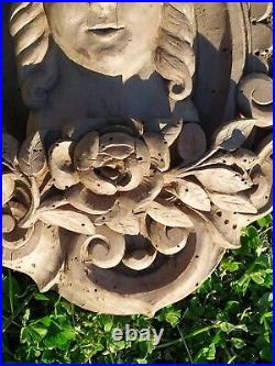 Fronton en Bois Sculpté Bas Relief Ancien Feuilles d'Acanthes Fleurs, Femme