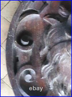 Fronton en Bois Sculpté Bas Relief Ancien Tête de Lion Sculpture Animale