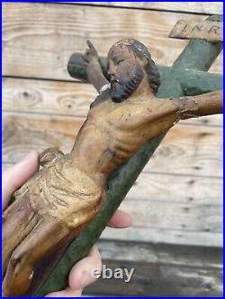 Grand Christ en Bois Sculpté Polychrome Ancien XVIII-XIXeme Crucifix Jesus