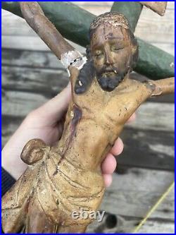 Grand Christ en Bois Sculpté Polychrome Ancien XVIII-XIXeme Crucifix Jesus