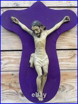 Grand Christ en Bois Sculpté Polychrome Ancien XVIIIeme Crucifix Jesus