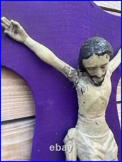 Grand Christ en Bois Sculpté Polychrome Ancien XVIIIeme Crucifix Jesus