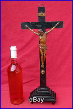 Grand Crucifix Ancien Bois Sculpte / Christ Art Populaire