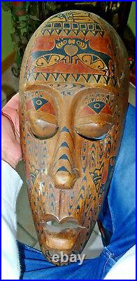 Grand masque ancien bois sculpté peint! Afrique oceanie, kanak, asia