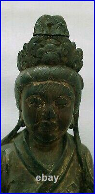 Grande Figure En Bois Sculpté Polychrome D'une Déesse Chinois Ancienne
