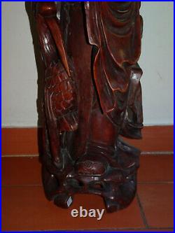 Grande lampe ancienne en bois sculpté. Shou lao. Chine, vers 1940-1950. Statuette