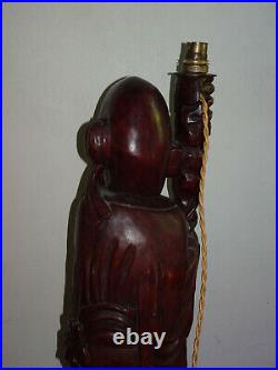 Grande lampe ancienne en bois sculpté. Shou lao. Chine, vers 1940-1950. Statuette
