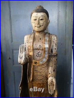Grande statue en bois sculpté Déesse Thailande Chine Zen ht 1m70 ancienne