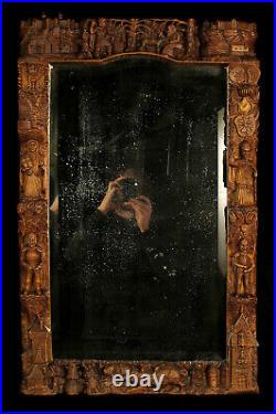 Impressionnant miroir ancien, art populaire Alsacien bois sculpté / Alsatique