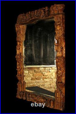Impressionnant miroir ancien, art populaire Alsacien bois sculpté / Alsatique