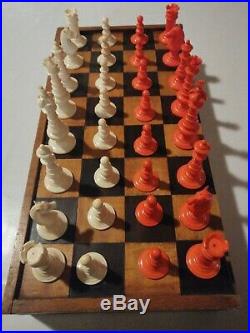 Jeu d'échecs en os sculpté ancien coffret bois antique chess game wood bone
