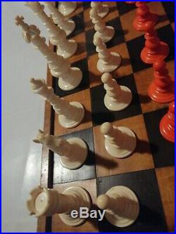 Jeu d'échecs en os sculpté ancien coffret bois antique chess game wood bone