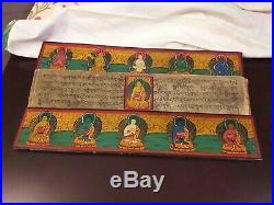 Livre ancien prières bouddhistes en bois sculpté, Page manuscrite, Tibet