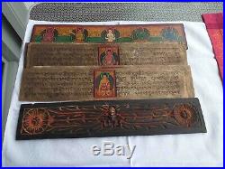 Livre ancien prières bouddhistes en bois sculpté, Page manuscrite, Tibet