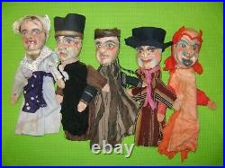 Lot De 5 Anciennes Marionnettes Theatre De Guignol -tete En Bois Sculpte-xixeme
