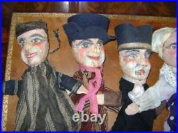 Lot De 5 Anciennes Marionnettes Theatre De Guignol-tetes En Bois Sculpte-xix Eme