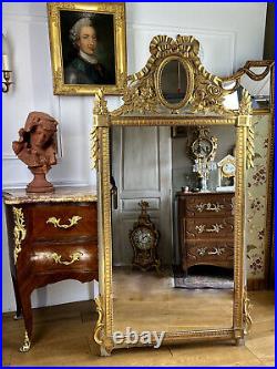 Miroir Ancien De Style Louis XVI En Bois Sculpté / Patiné Et Doré