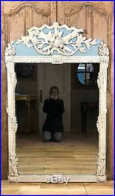 Miroir / Glace Ancienne En Bois Sculpté À Décor De Colombes Couleur Gustavien