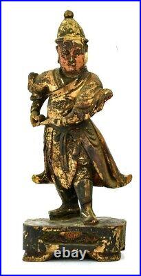 Paire Ancien Chinois Sculpté Peint Bois Doré Figurines Ming Dynasty Soldats 26cm