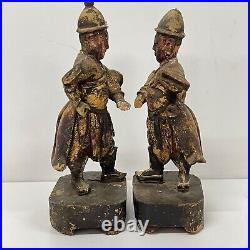 Paire Ancien Chinois Sculpté Peint Bois Doré Figurines Ming Dynasty Soldats 26cm