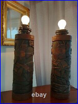 Paire De Lampes Pots À Pinceaux Dit Bitong Chine Ancien Sculptée Bambou