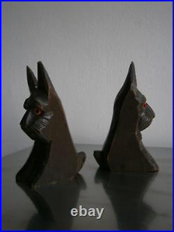 Paire Serre-livres Art Déco Chien Fox 1930 Bois sculpté Yeux sulfure Ancien