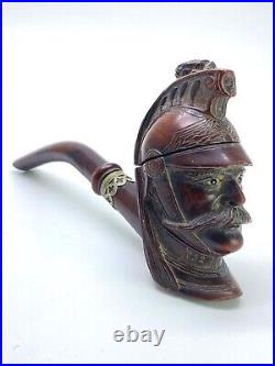 Pipe en bois de Bruyere sculptée d'une tête de Hussard aux yeux en sulfure XIXe