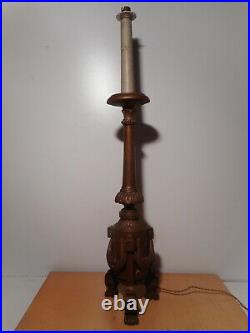 Pique cierge ancien 19 siècle bois sculpté élèctrifié monté pied lampe