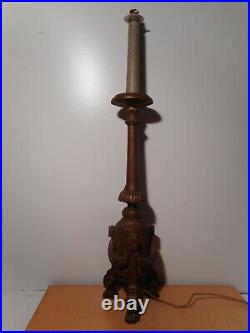 Pique cierge ancien 19 siècle bois sculpté élèctrifié monté pied lampe